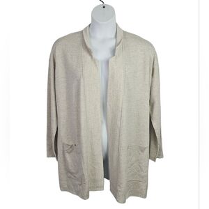 Eileen Fisher Plus Size Notch Collar Open Cardigan in Pearl Merino Blend